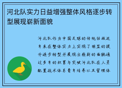 河北队实力日益增强整体风格逐步转型展现崭新面貌
