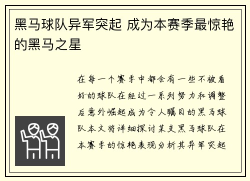 黑马球队异军突起 成为本赛季最惊艳的黑马之星