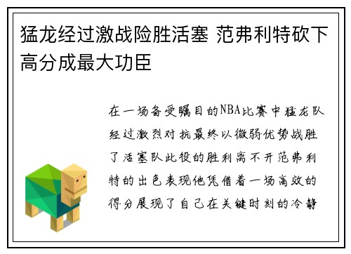 猛龙经过激战险胜活塞 范弗利特砍下高分成最大功臣