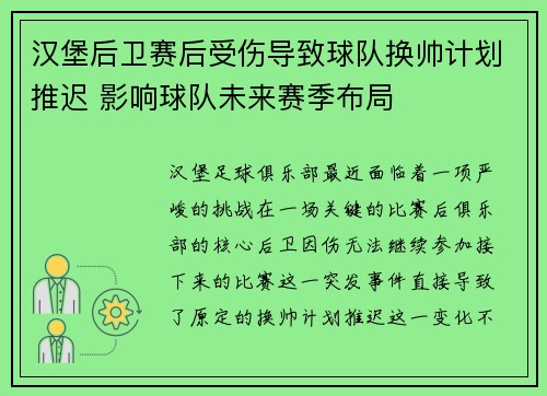 汉堡后卫赛后受伤导致球队换帅计划推迟 影响球队未来赛季布局