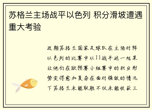 苏格兰主场战平以色列 积分滑坡遭遇重大考验